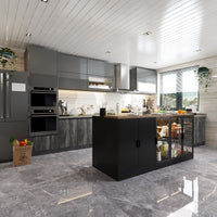 77.6" Modern Elegant Black Kitchen Island with 3 Drawers, Lights and Glass Doors