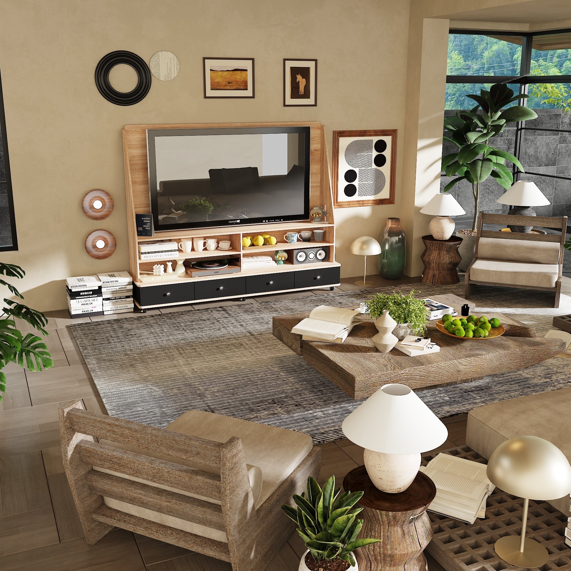 70'' W 4-Drawer TV Stand Media Console With TV Bracket And 6-Wheel