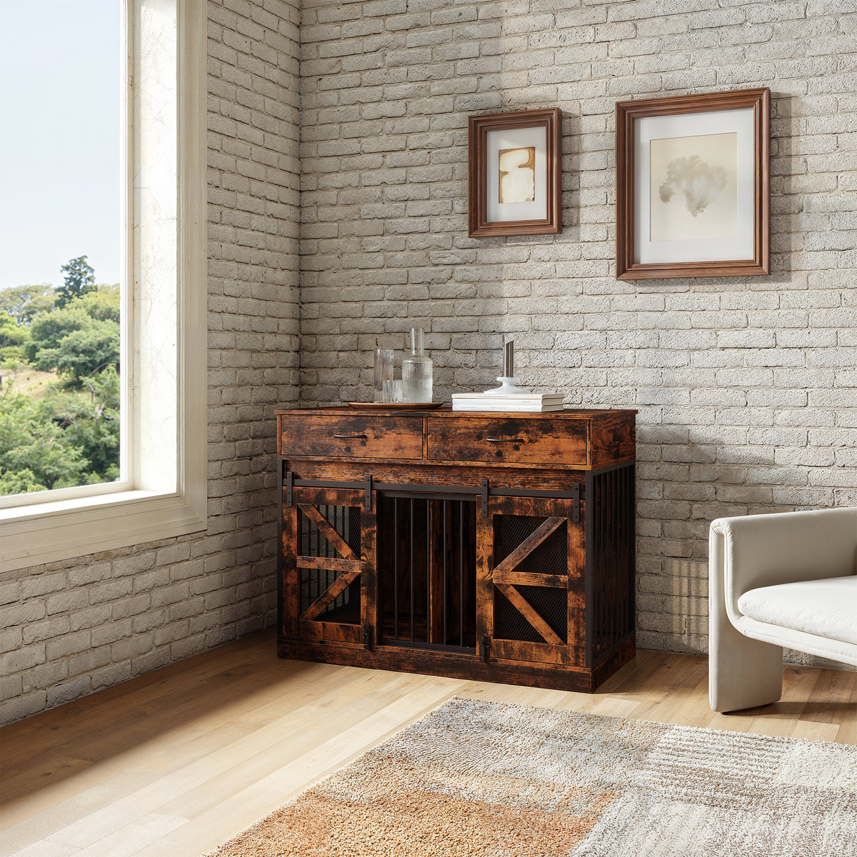 47.2" Heavy-Duty Brown Dog Crate with Barn Doors and Steel Frame