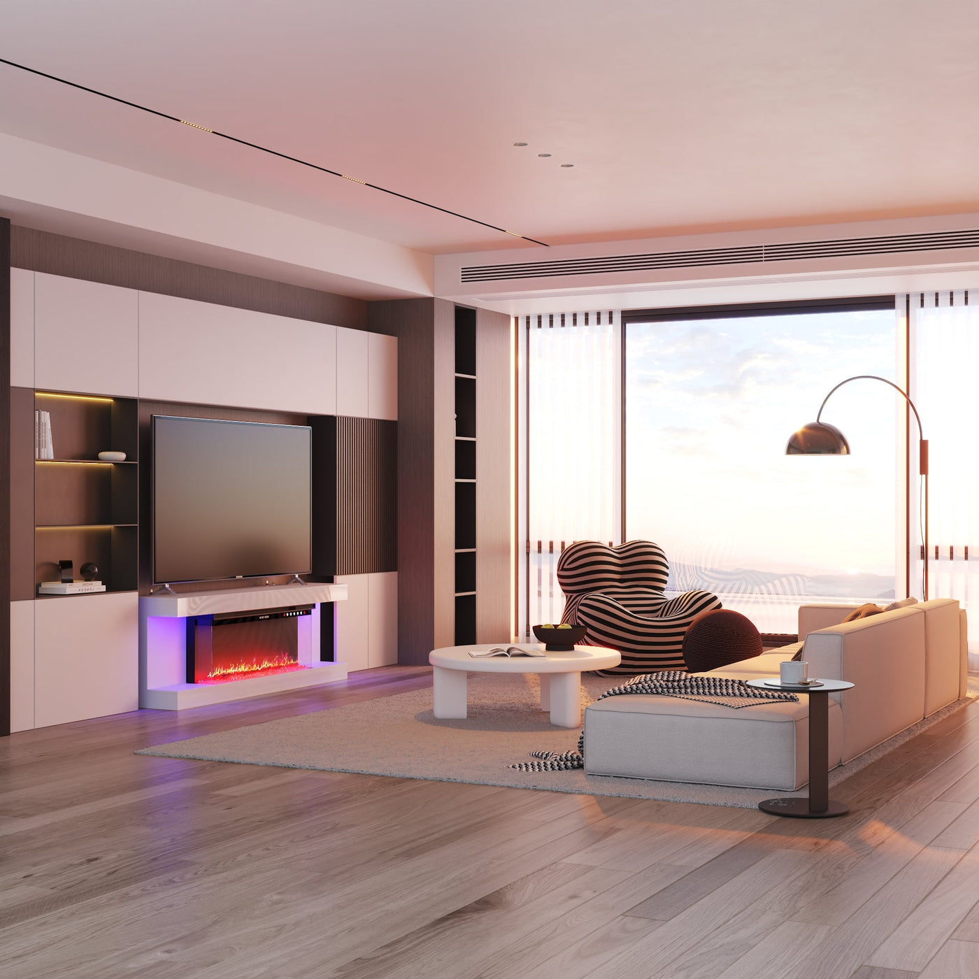 66.5" Modern Minimalist Minimalist White TV Stand With Electric Fireplace And Light
