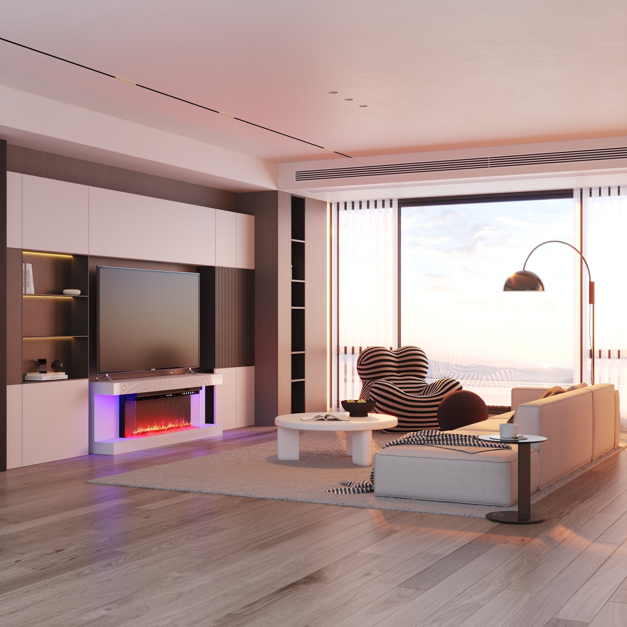 Stylish Minimalist TV Stand With Electric Fireplace And Light