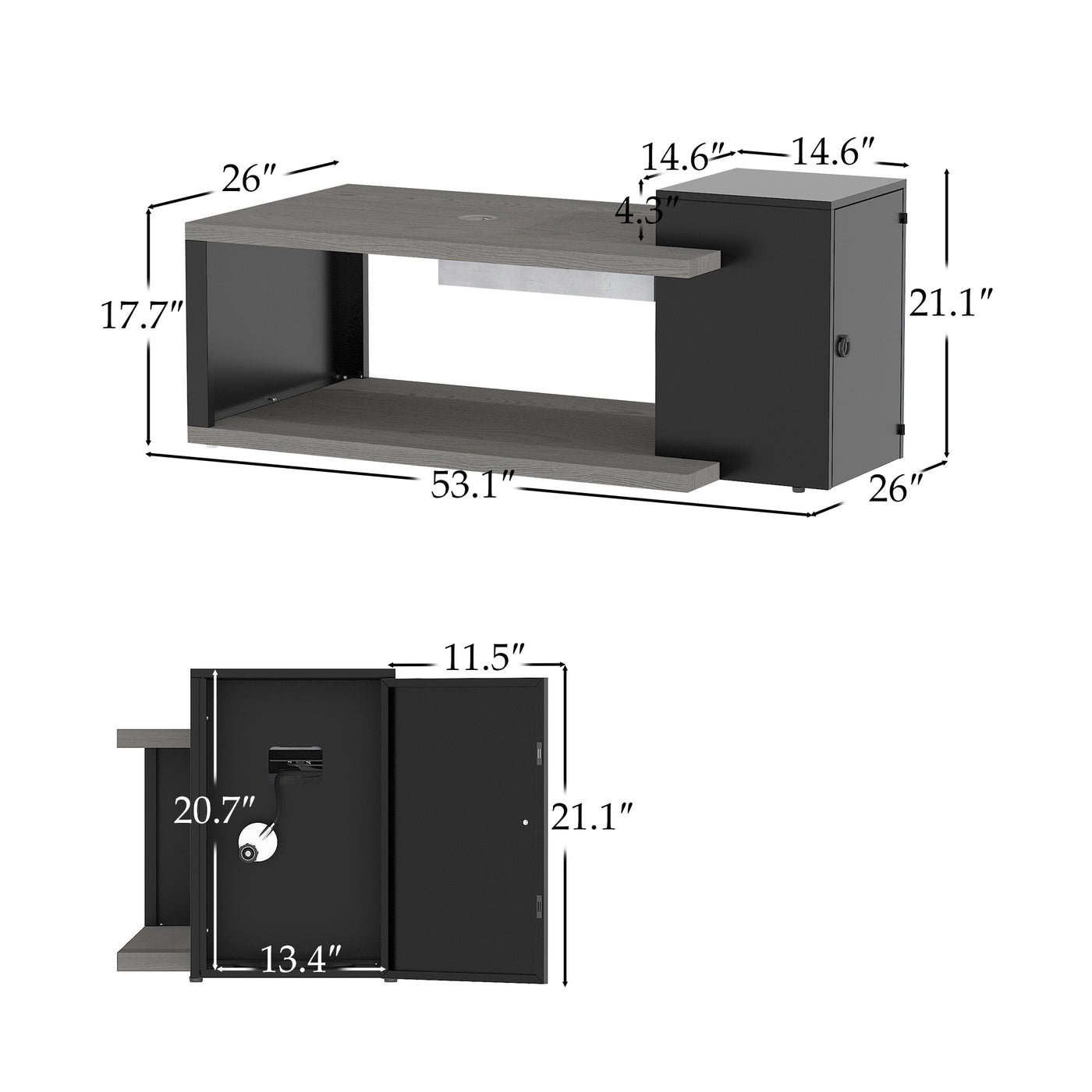 Dimensions of a black office desk with measurements labeled on a white background