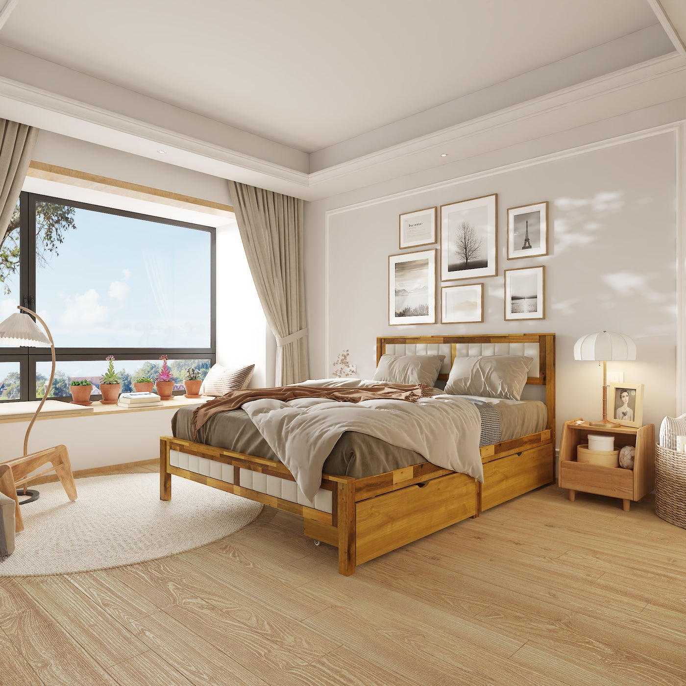 60.8" Modern Beige Platform Bed with Storage Drawers and Comfortable Headboard