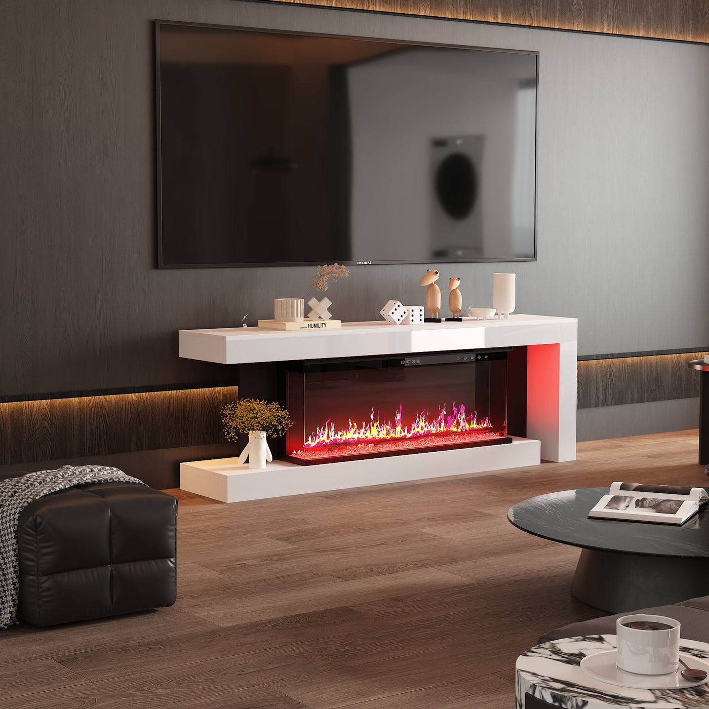 66.9" Modern White Electronic Fireplace with TV Stand