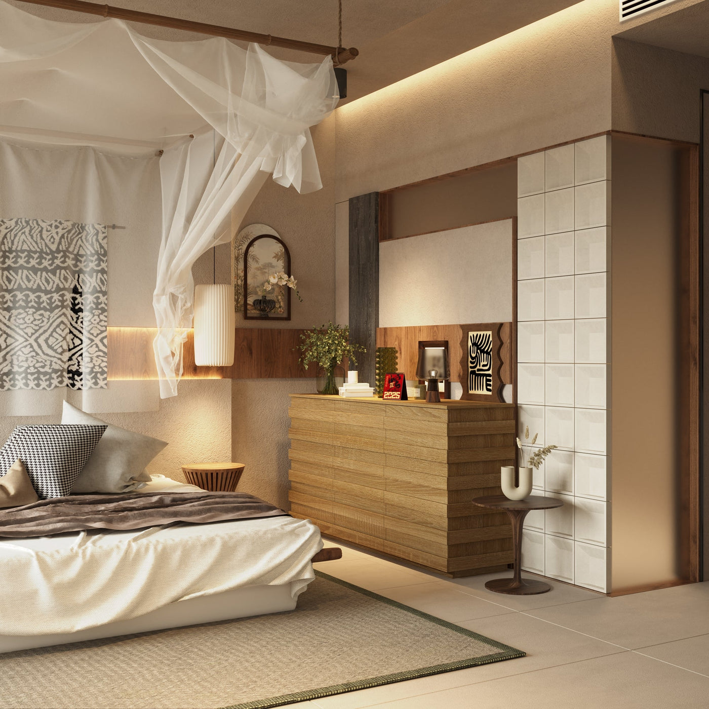 Modern bedroom with wooden dresser, bed, and decorative elements