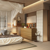 Modern bedroom with wooden dresser, bed, and decorative elements