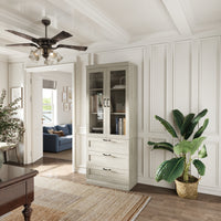 31.5" Farmhouse White Display Bookcase with Glass Doors & 2 Drawers