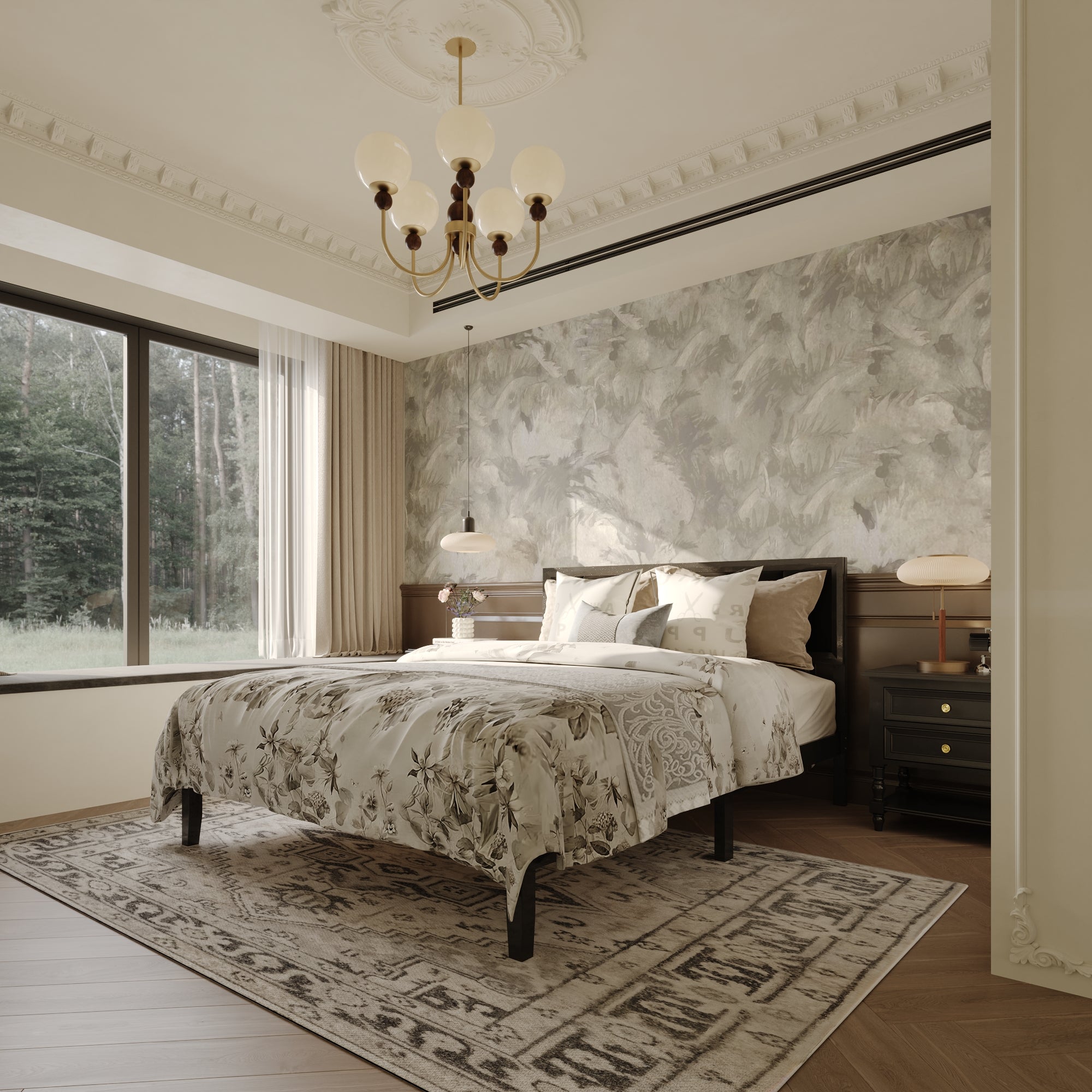 King-Size Solid Rubber Wood Bed With Linen Upholstered Headboard