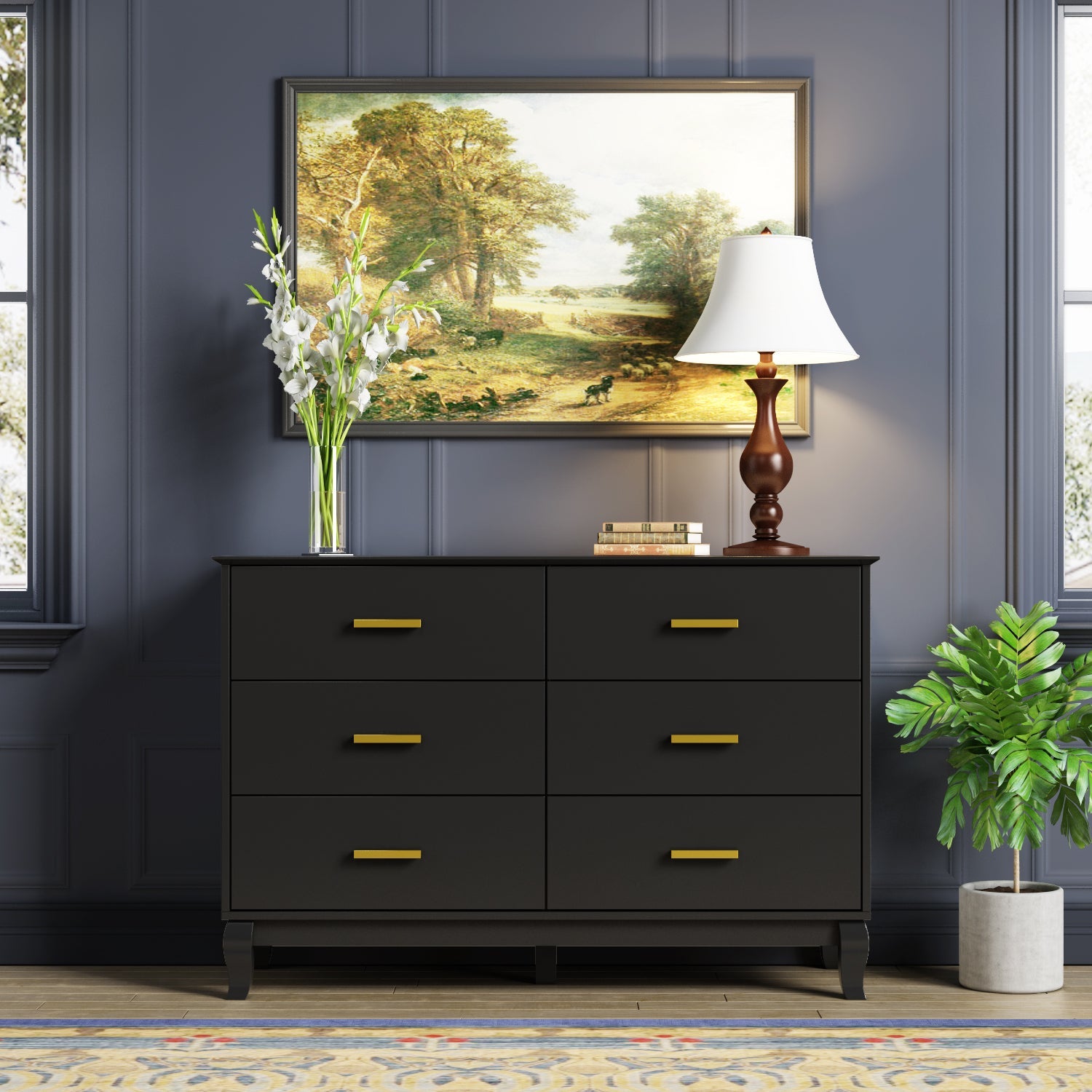 Modern White Finish Double Dresser 6-Drawer Cabinet for Hallway Entryway Living Room