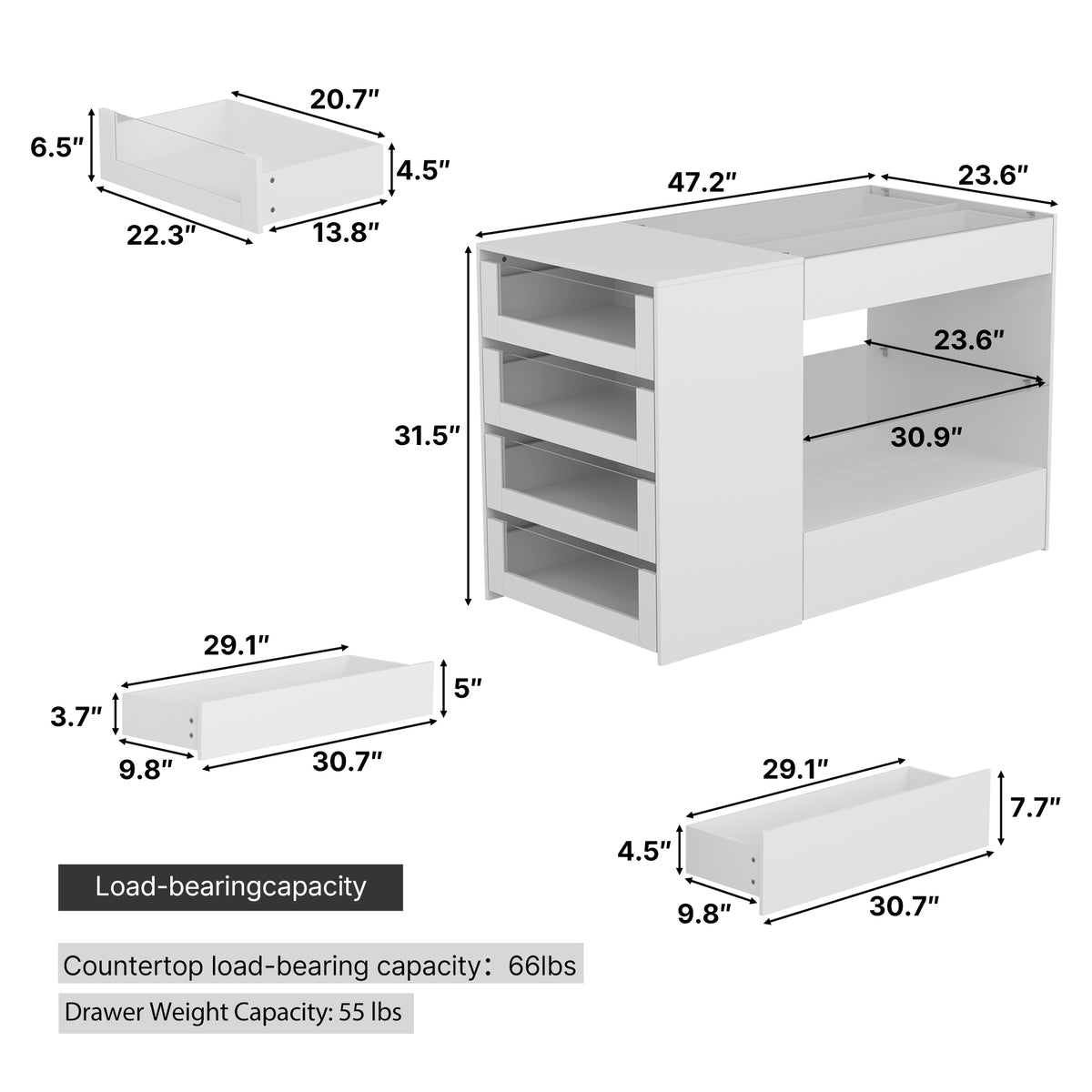 47.2" Modern White Closet Island with Strong Storage and Glass Top