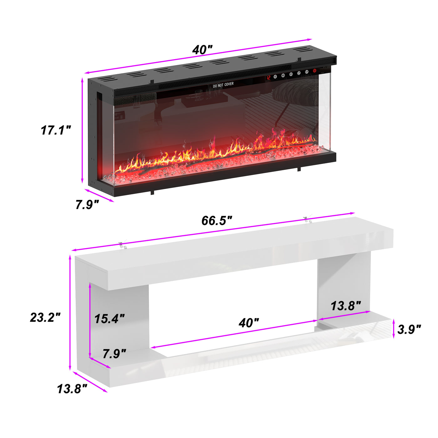 White TV stand with electric fireplace and LED lighting