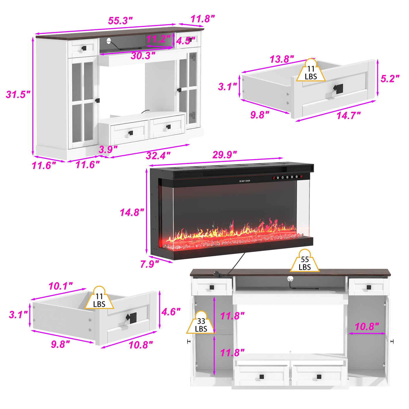 55" Modern White Electronic Fireplace With White TV Stand and Adjustable Light