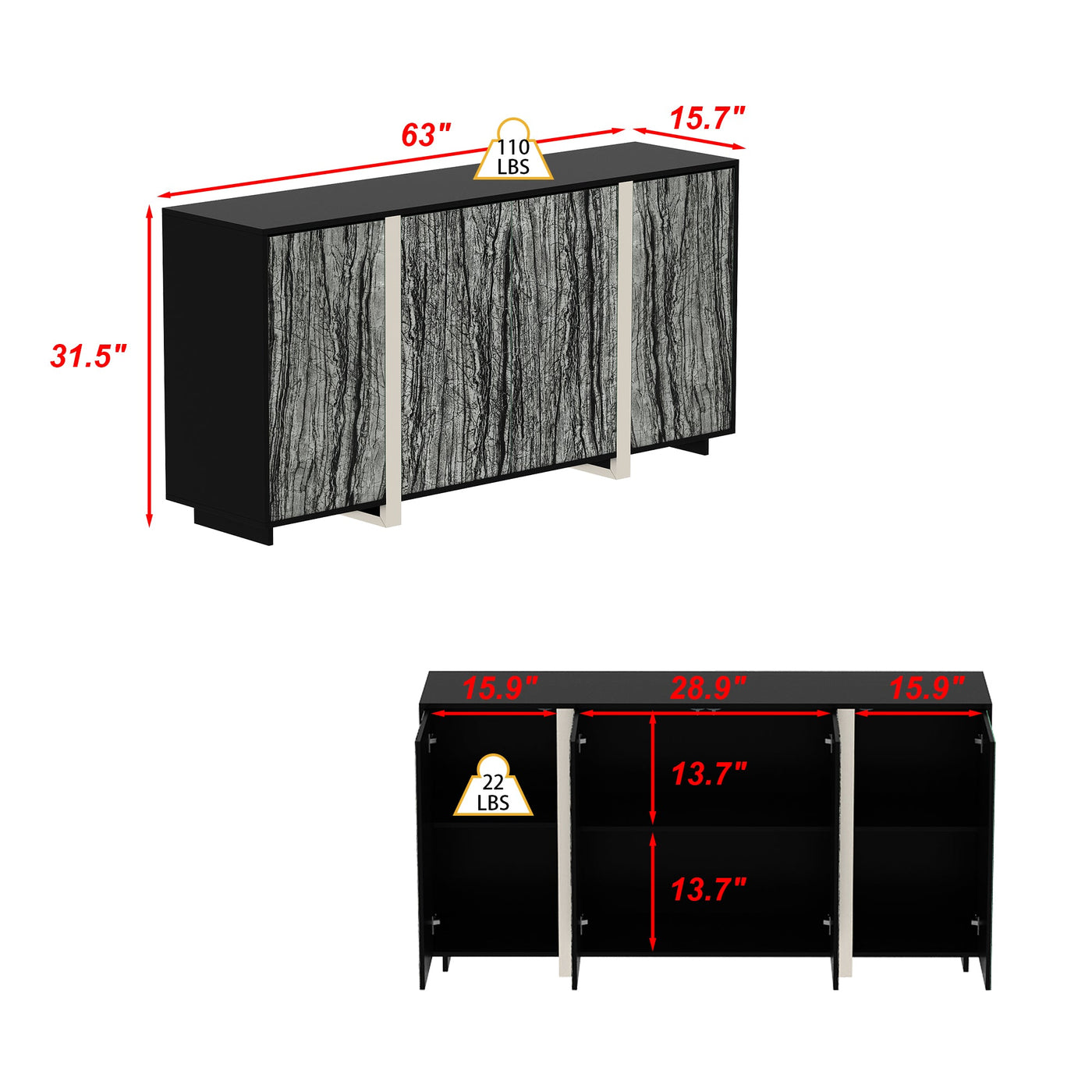 63" Modern Industrial Accent Cabinet With Stone-Patterned Glass Doors