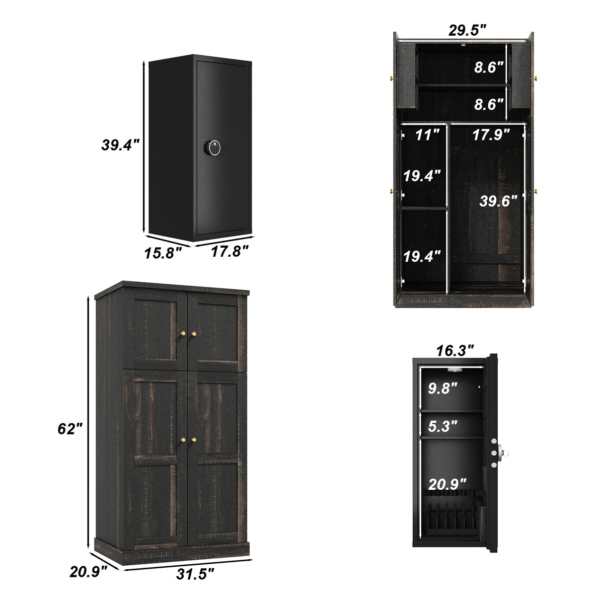 62" Modern Black Gun Safe Storage Cabinet with Sensor Light and Pistol Rack