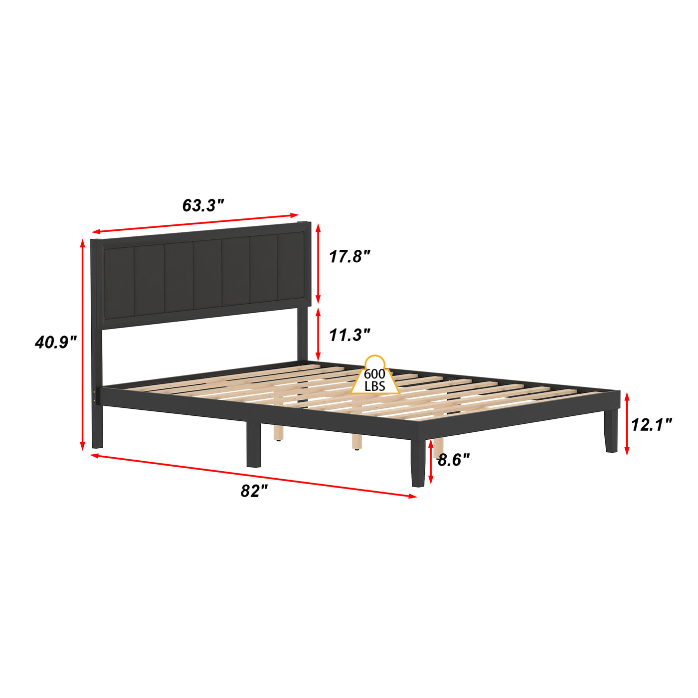 King-Size Modern Black Platform Bed with Linen Upholstered Headboard