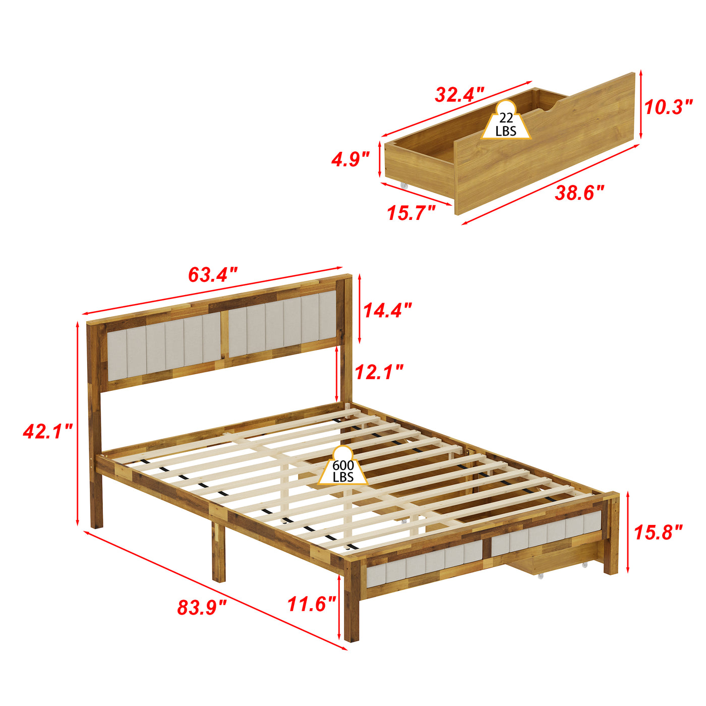 60.8" Modern Beige Platform Bed with Storage Drawers and Comfortable Headboard