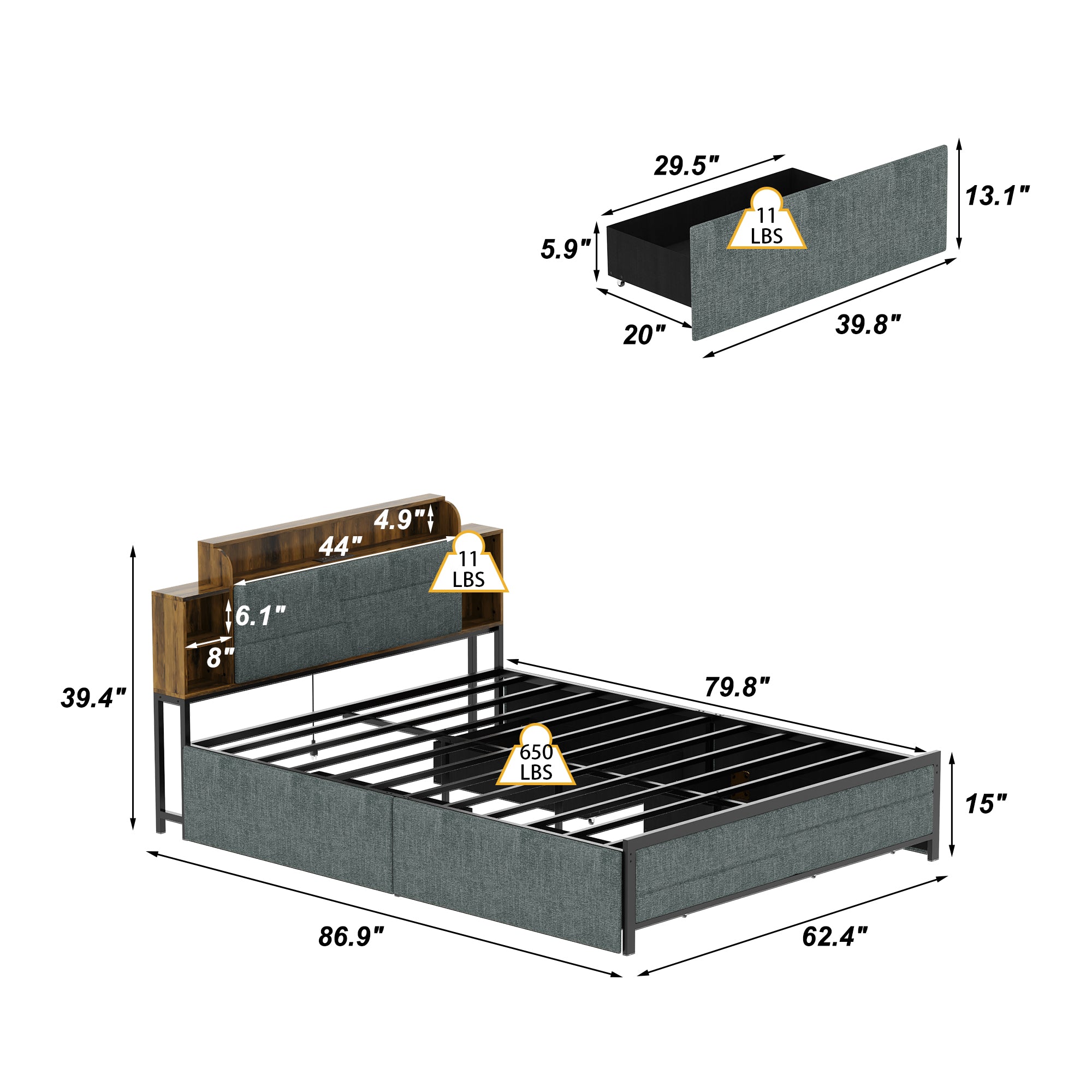 Low Profile Platform Bed With Storage Drawers And Power Outlet