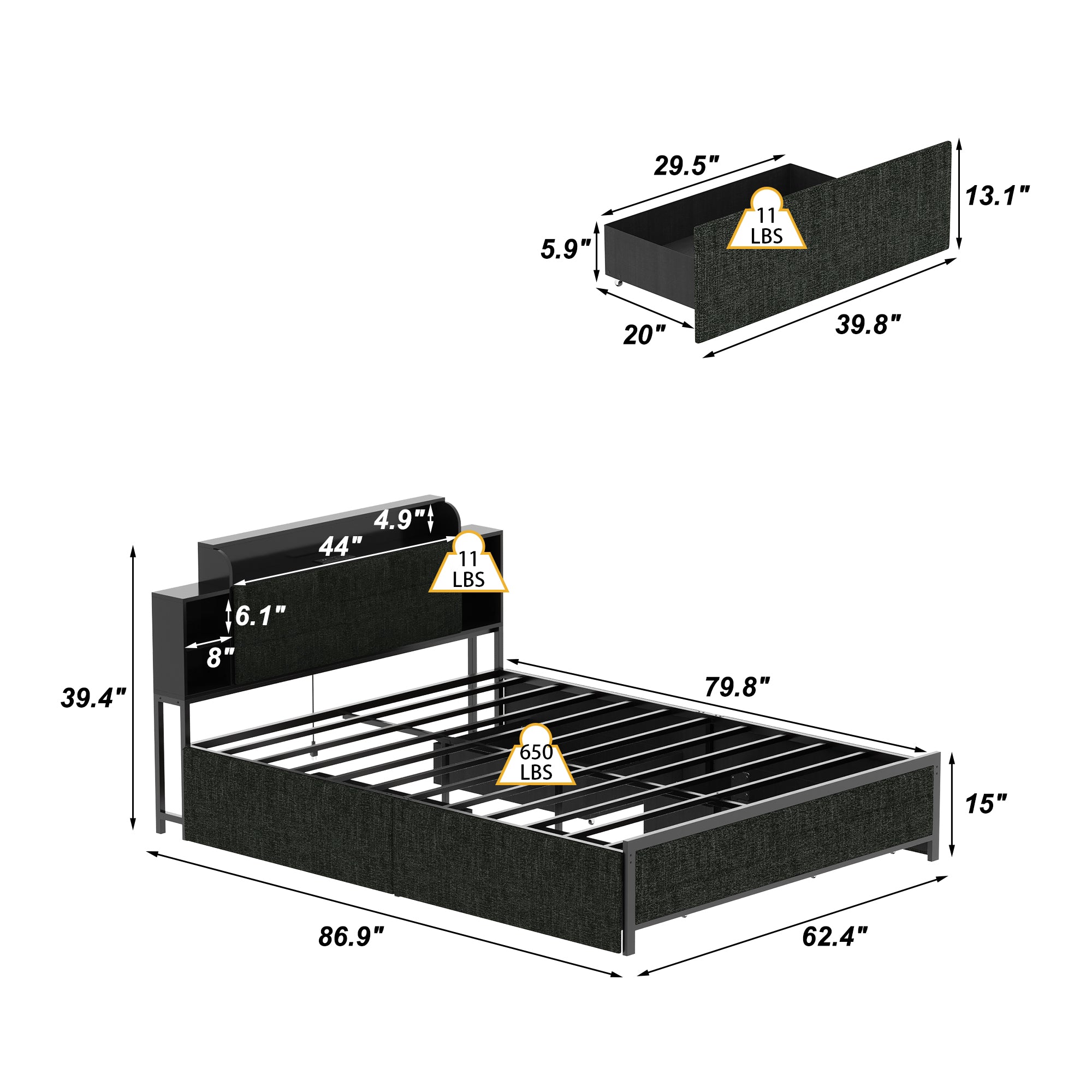 Low Profile Platform Bed With Storage Drawers And Power Outlet