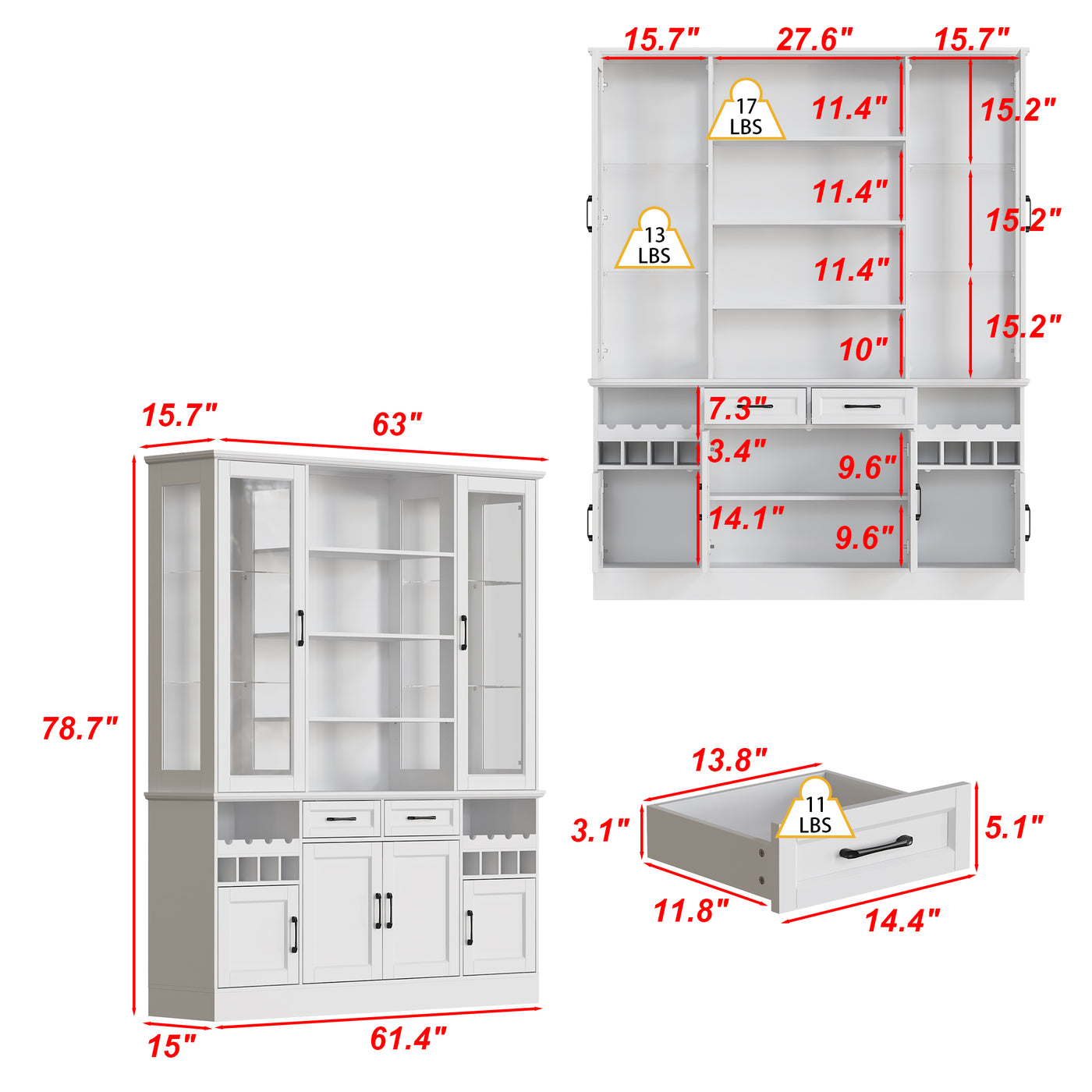 61.4" Modern White Food Pantry Cabinet with Glass Door and Wine Storage
