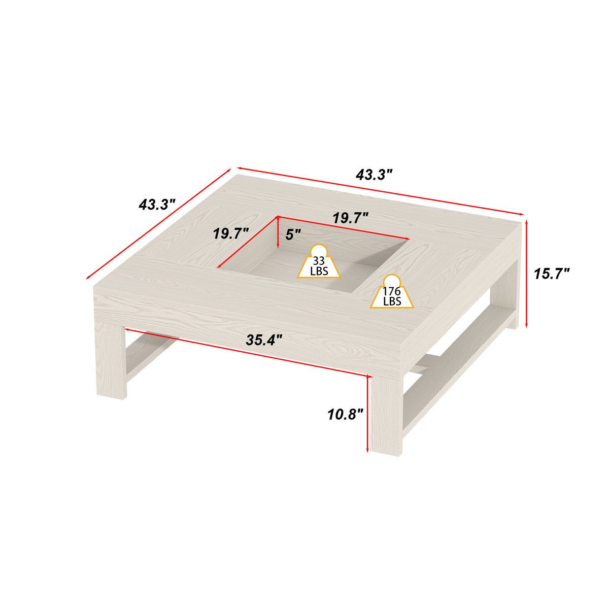 43.3 inch Modern Gray Square Coffee Table with Fluted Design