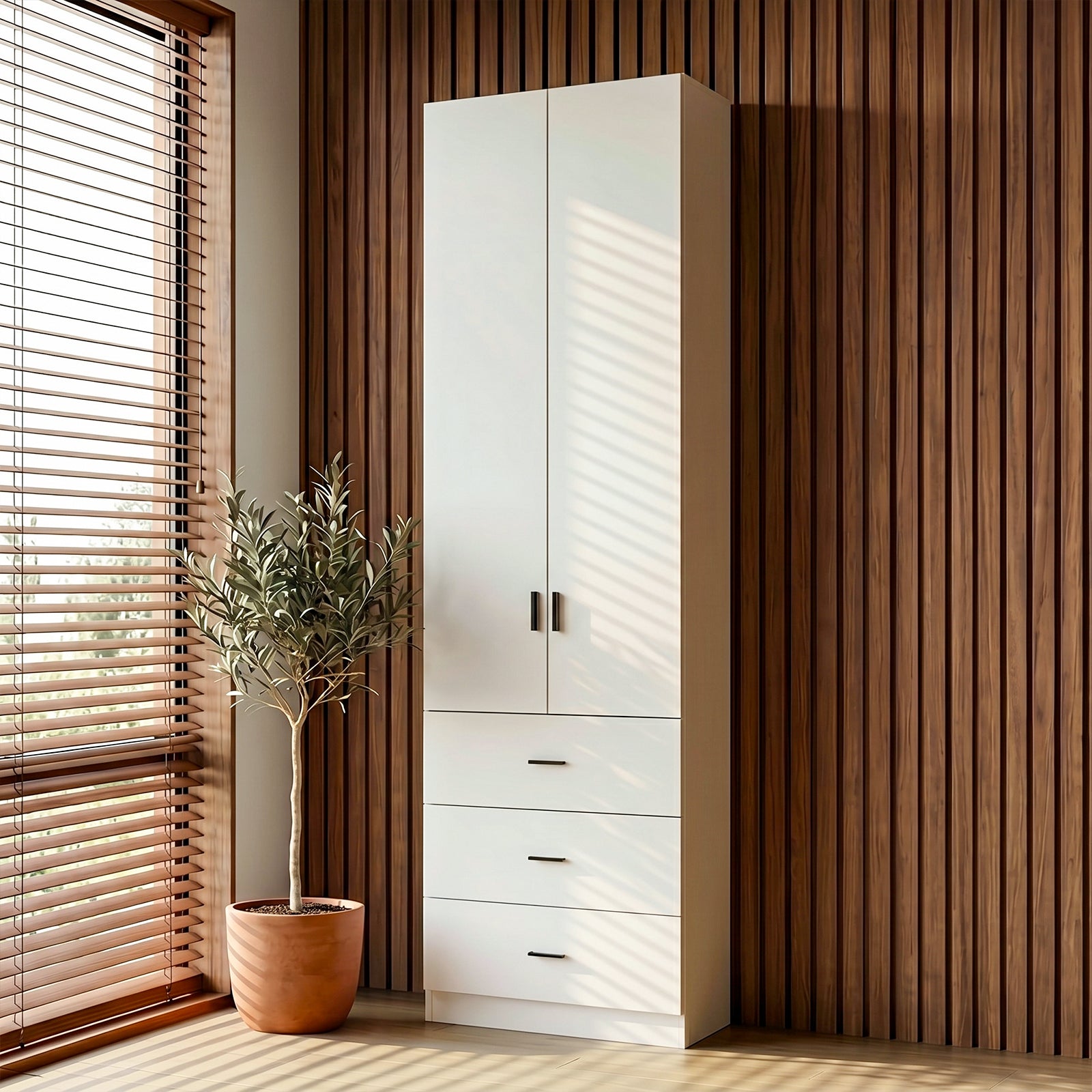 31.5 Inches White Engineered Wood Tall Garage Storage Cabinet with 2 Upper Doors and 3 Lower Drawers