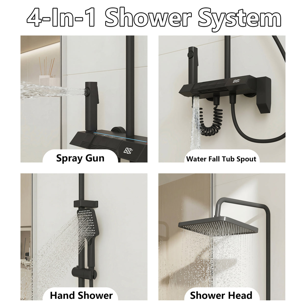 Black Shower System With LED Display Screen