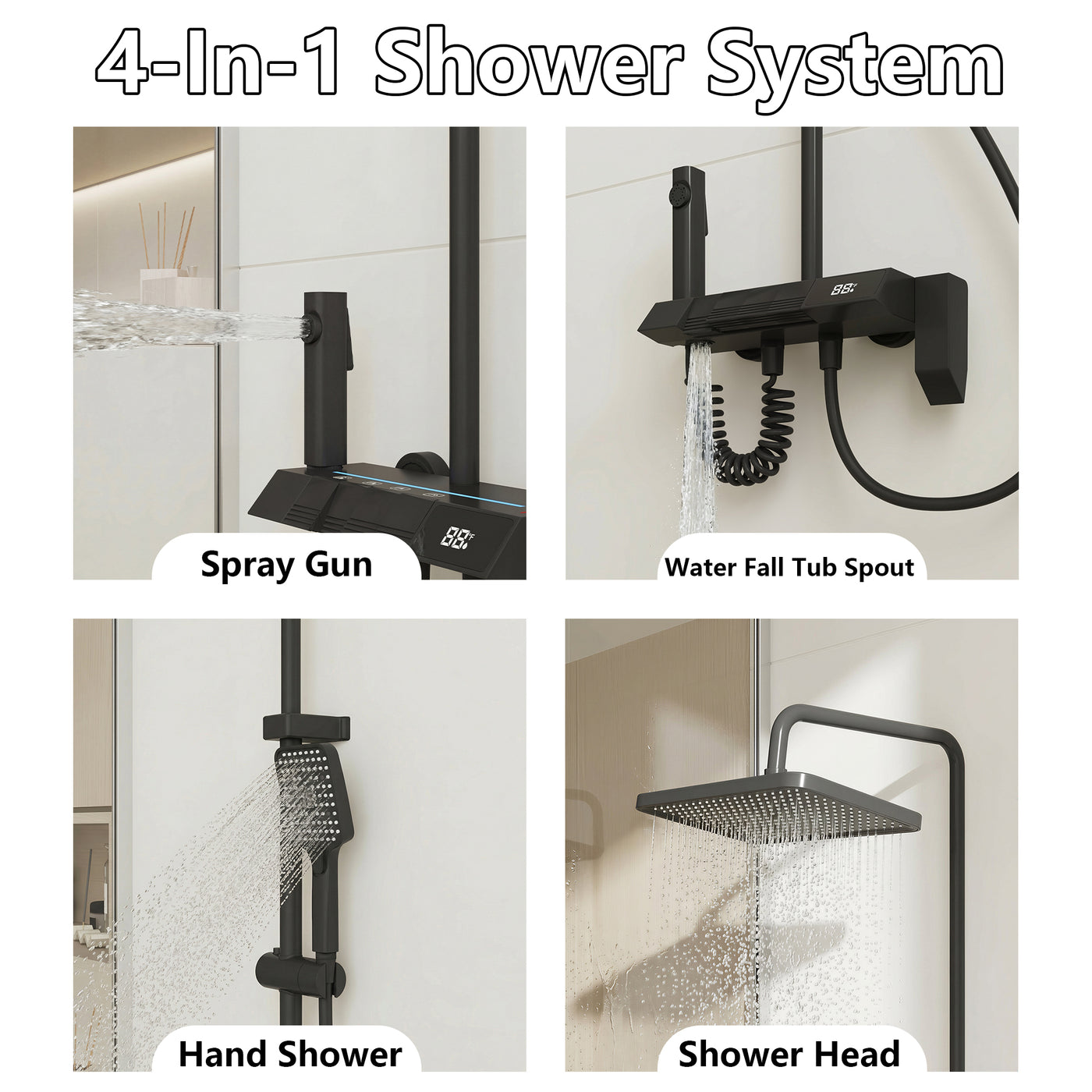 Black Shower System With LED Display Screen