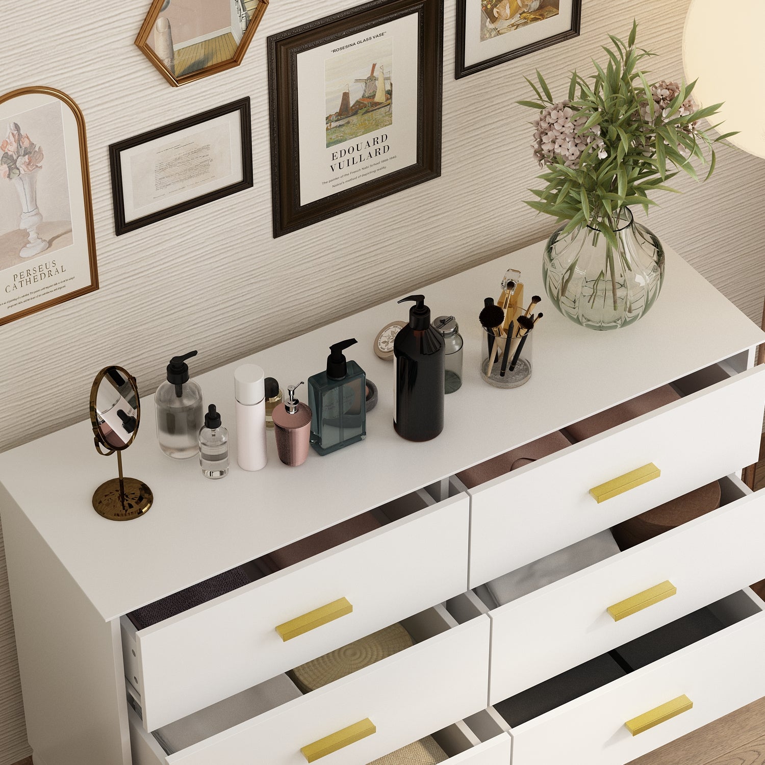 Modern White Finish Double Dresser 6-Drawer Cabinet for Hallway Entryway Living Room