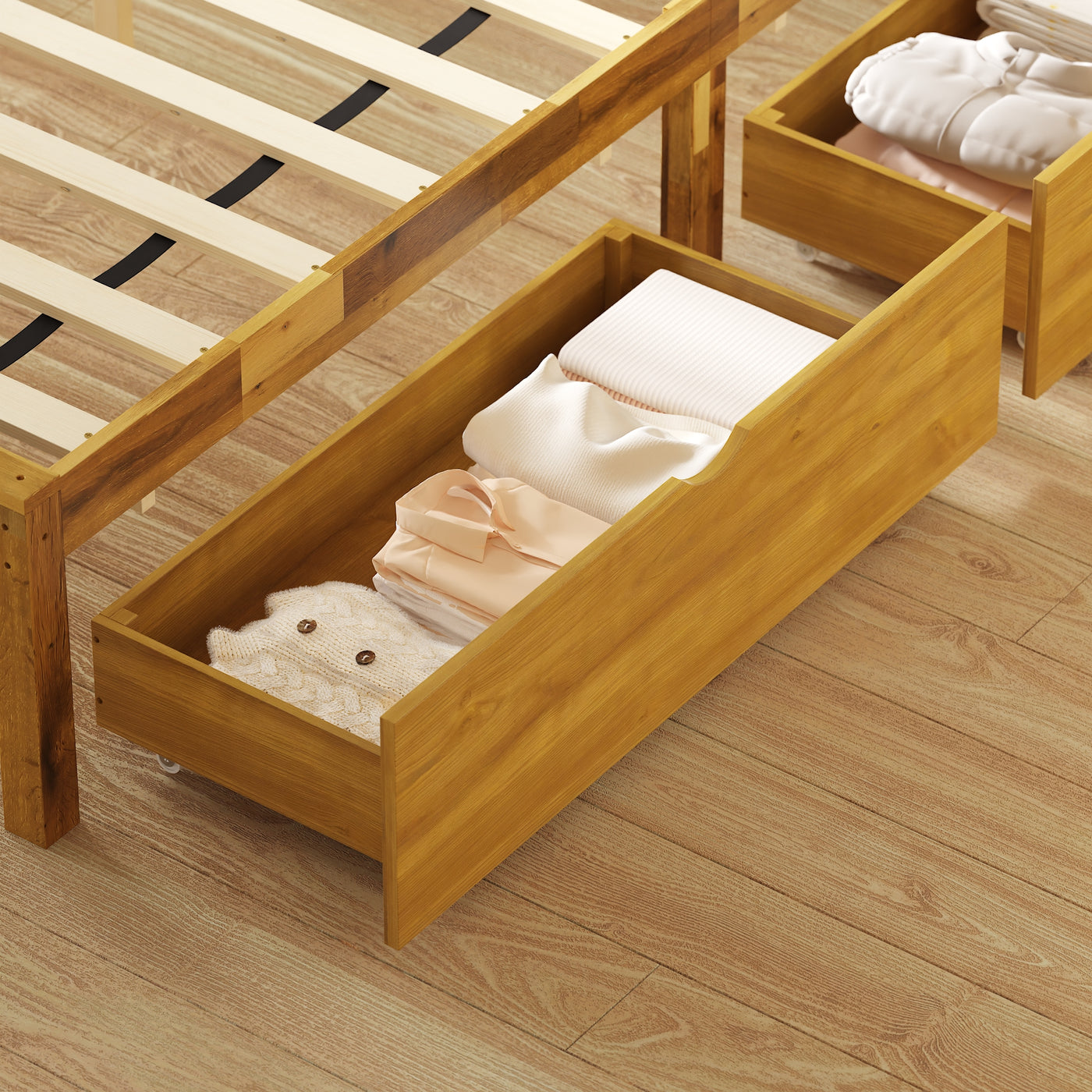 60.8" Modern Beige Platform Bed with Storage Drawers and Comfortable Headboard