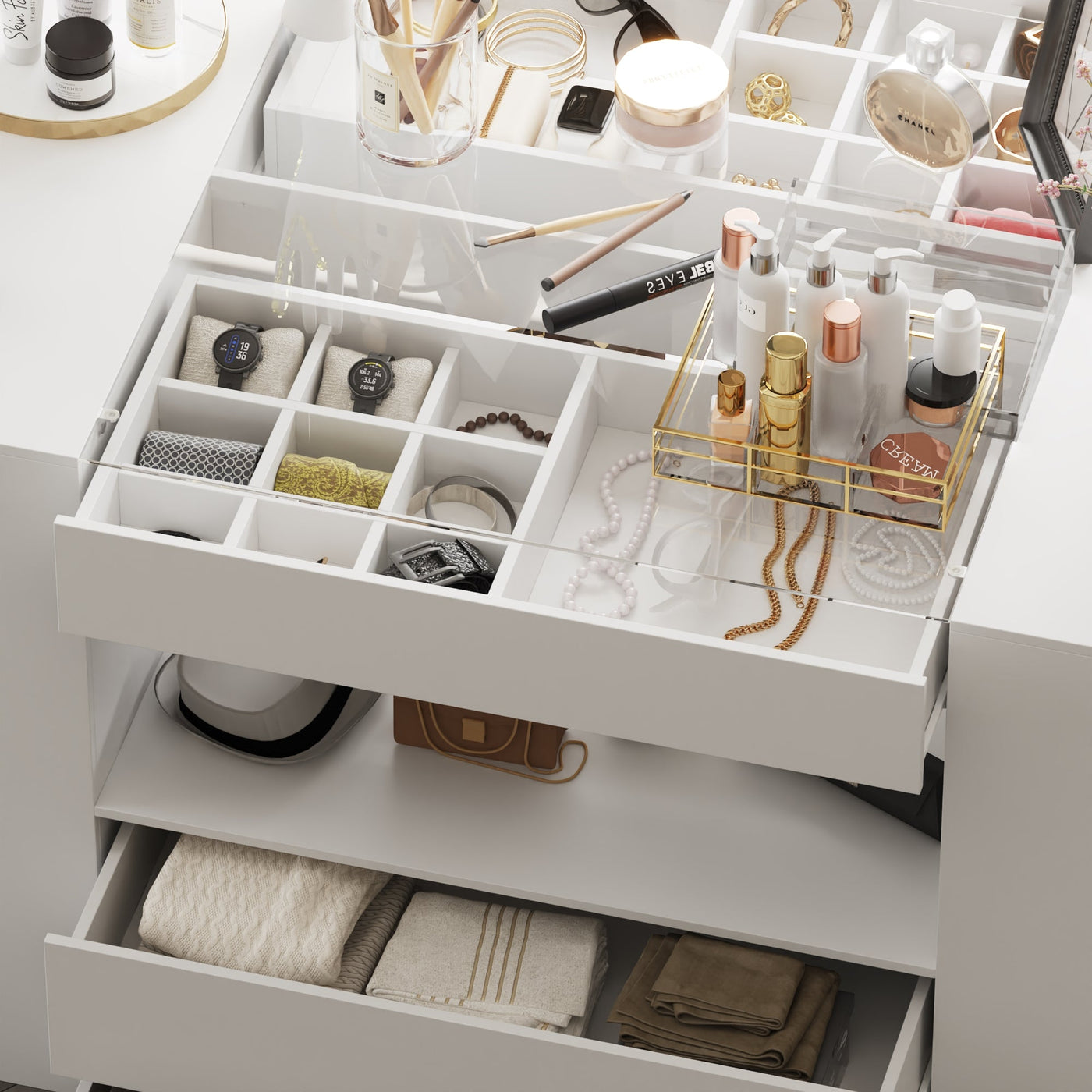 62" Modern White 14-Drawer Chest with Tempered Glass Top