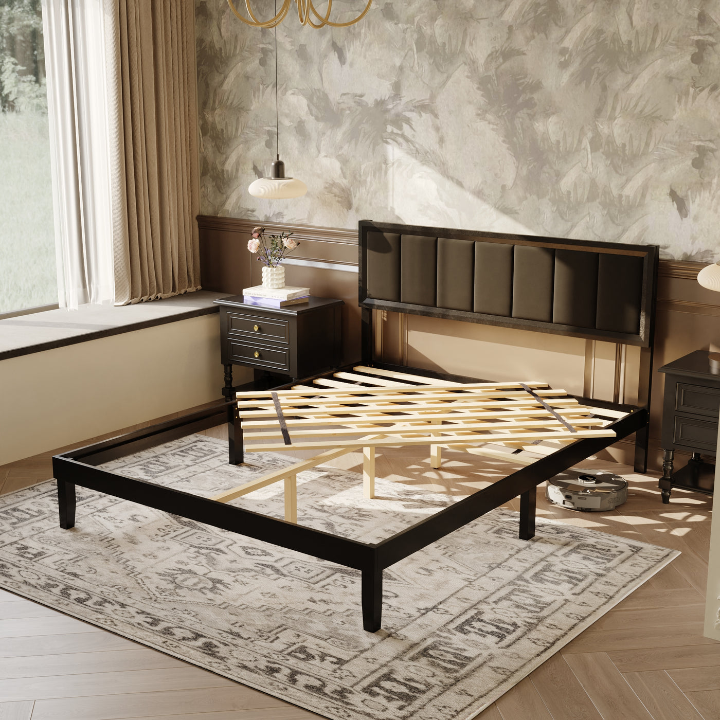 King-Size Modern Black Platform Bed with Linen Upholstered Headboard