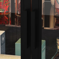 77.6" Modern Elegant Black Kitchen Island with 3 Drawers, Lights and Glass Doors