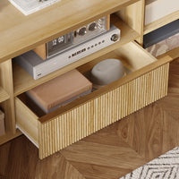 70" Symmetric Natural Wood L-Shaped TV Stand Media Console with Gold Trim