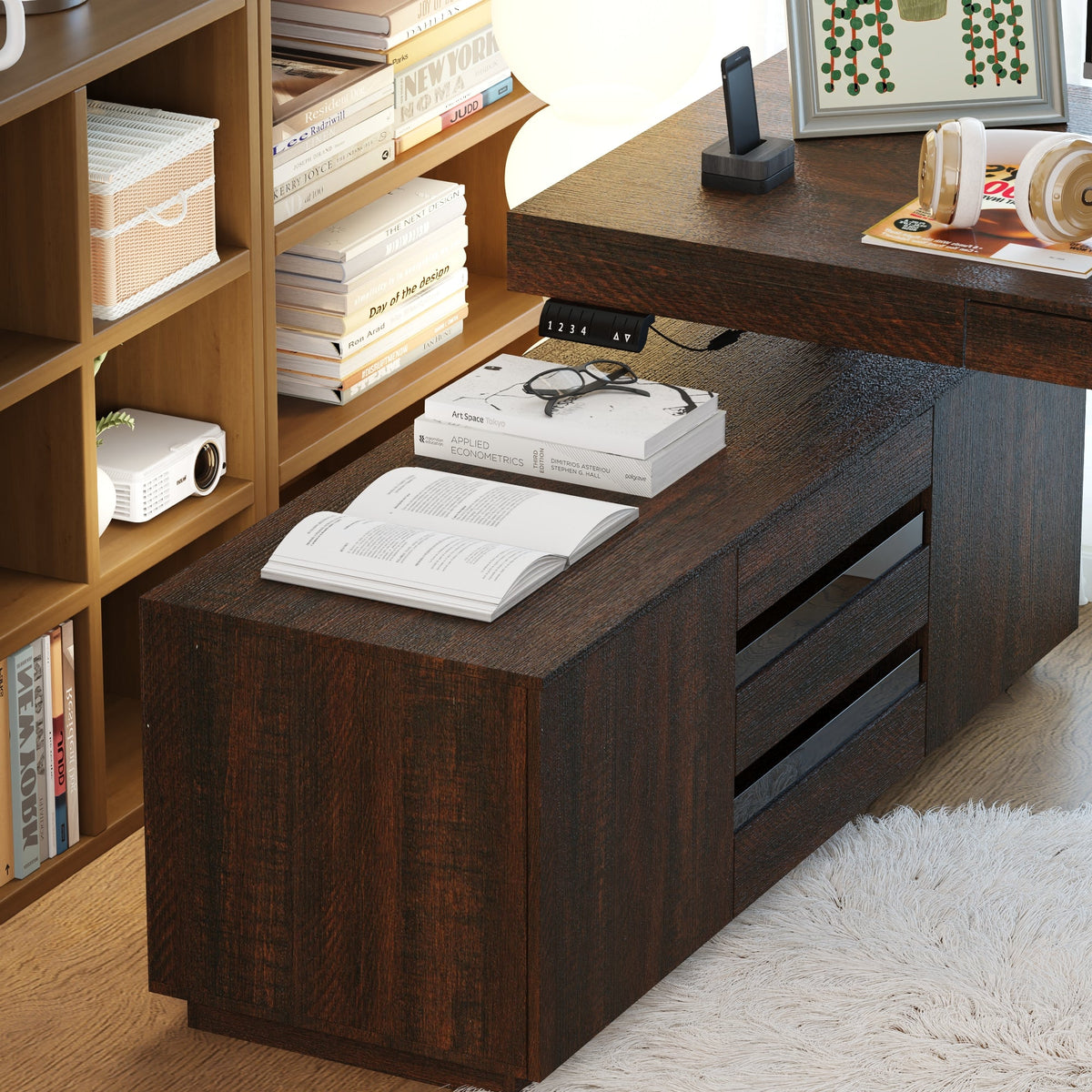 70.9" Modern Walnut L-Shaped 3-Drawer Standing Desk with Bookcase