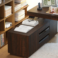 70.9" Modern Walnut L-Shaped 3-Drawer Standing Desk with Bookcase