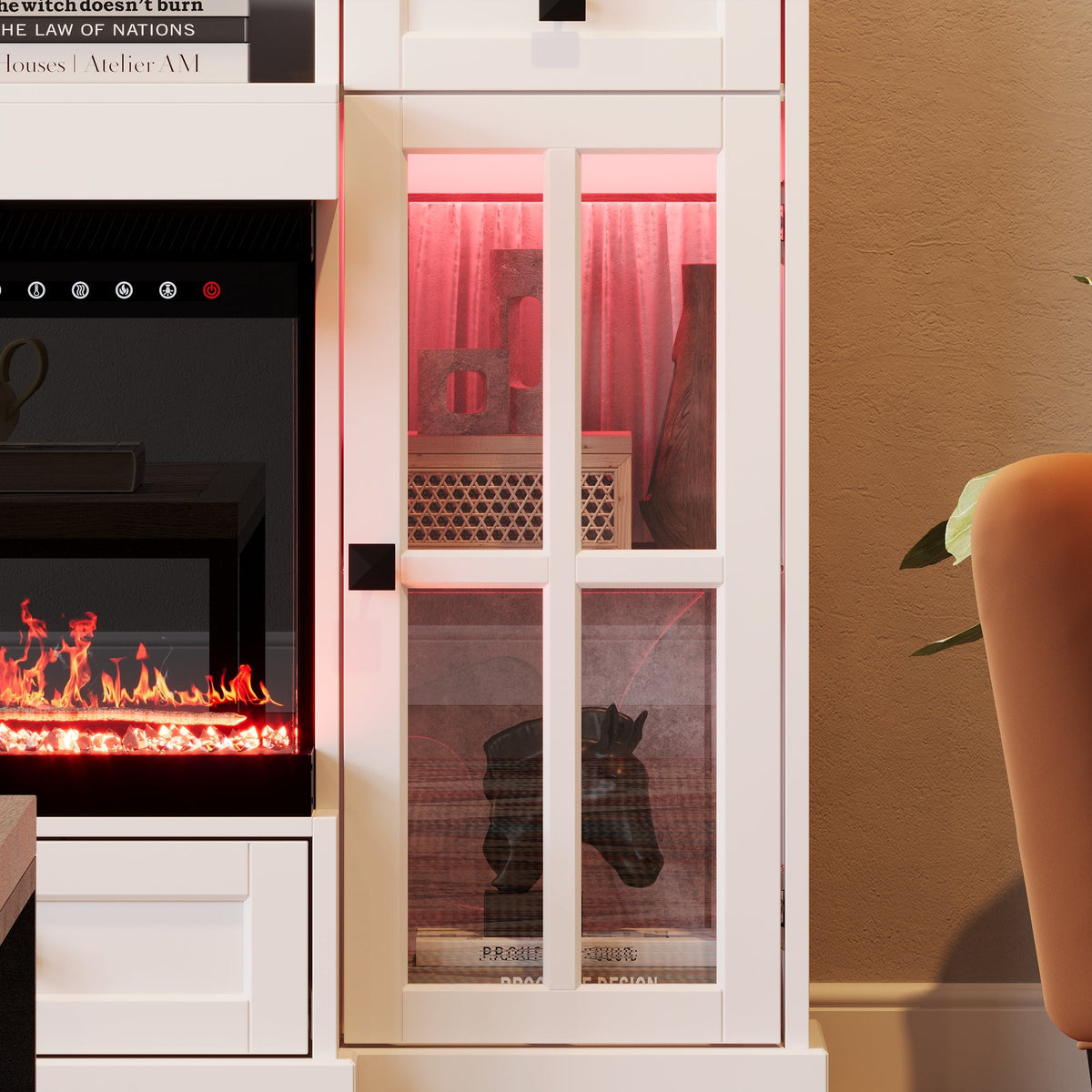 55" Modern White Electronic Fireplace With White TV Stand and Adjustable Light