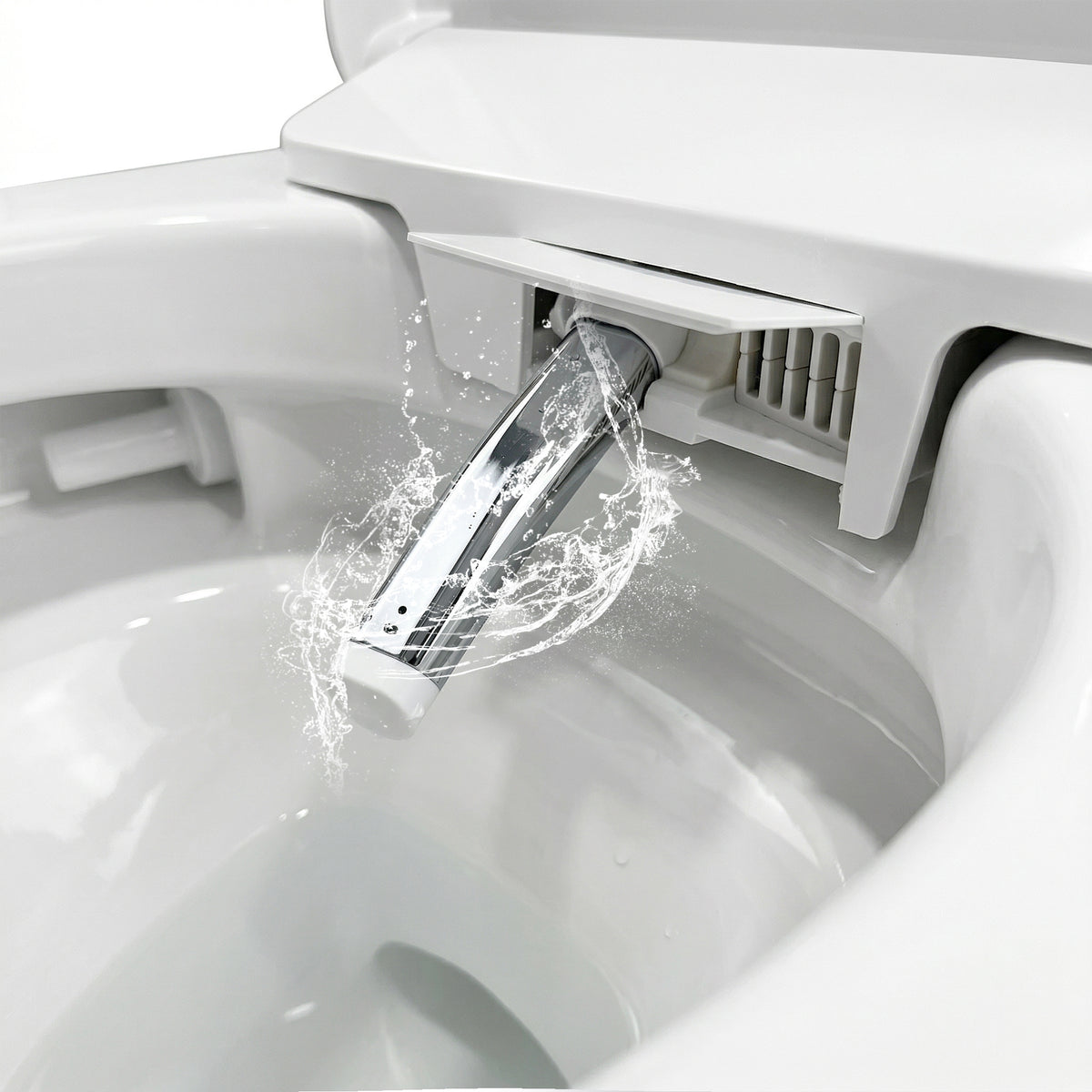 White smart toilet with automatic lid opening, foot kick flush, and foot kick seat opening