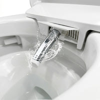 White smart toilet with automatic lid opening, foot kick flush, and foot kick seat opening