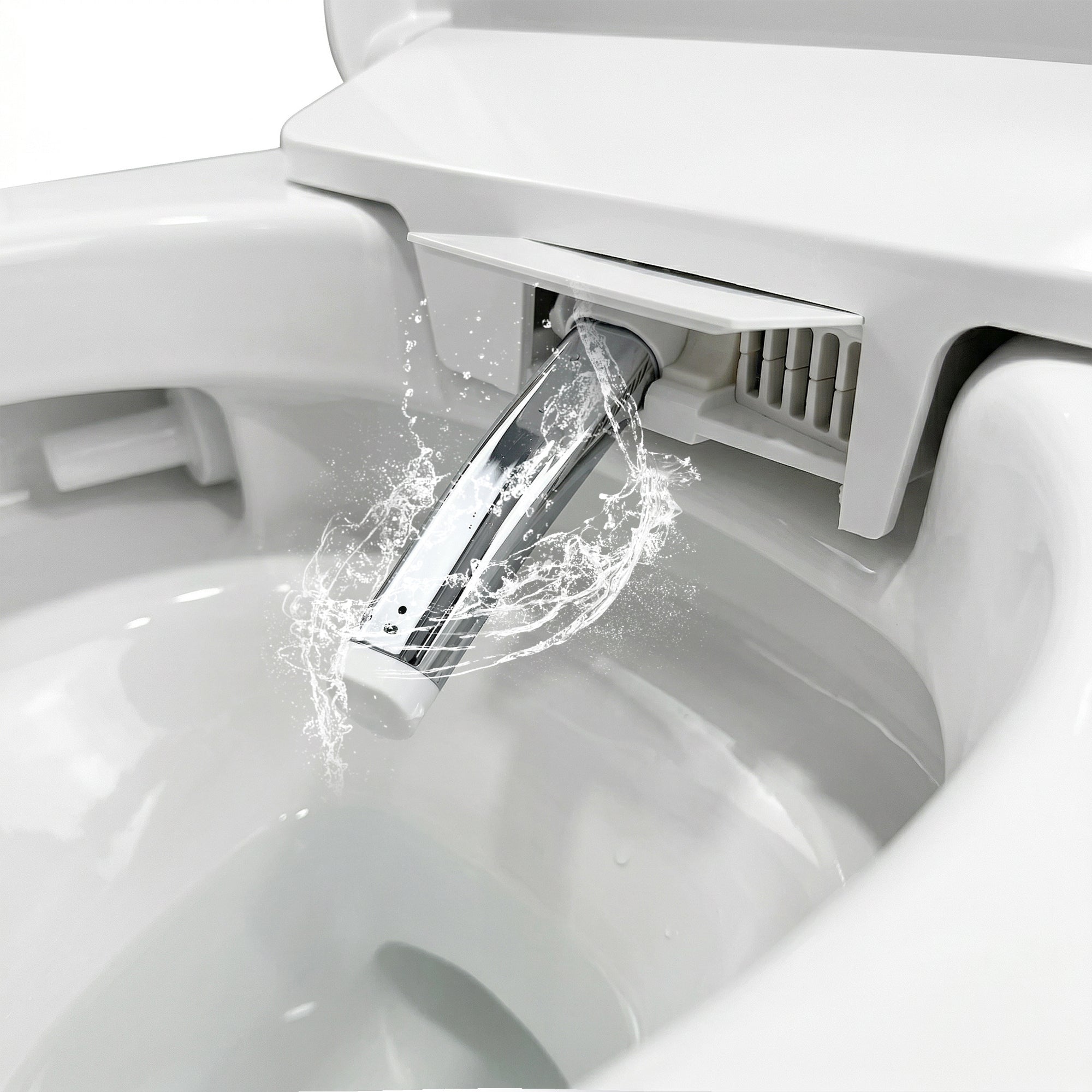 White smart toilet with automatic lid opening, foot kick flush, and foot kick seat opening