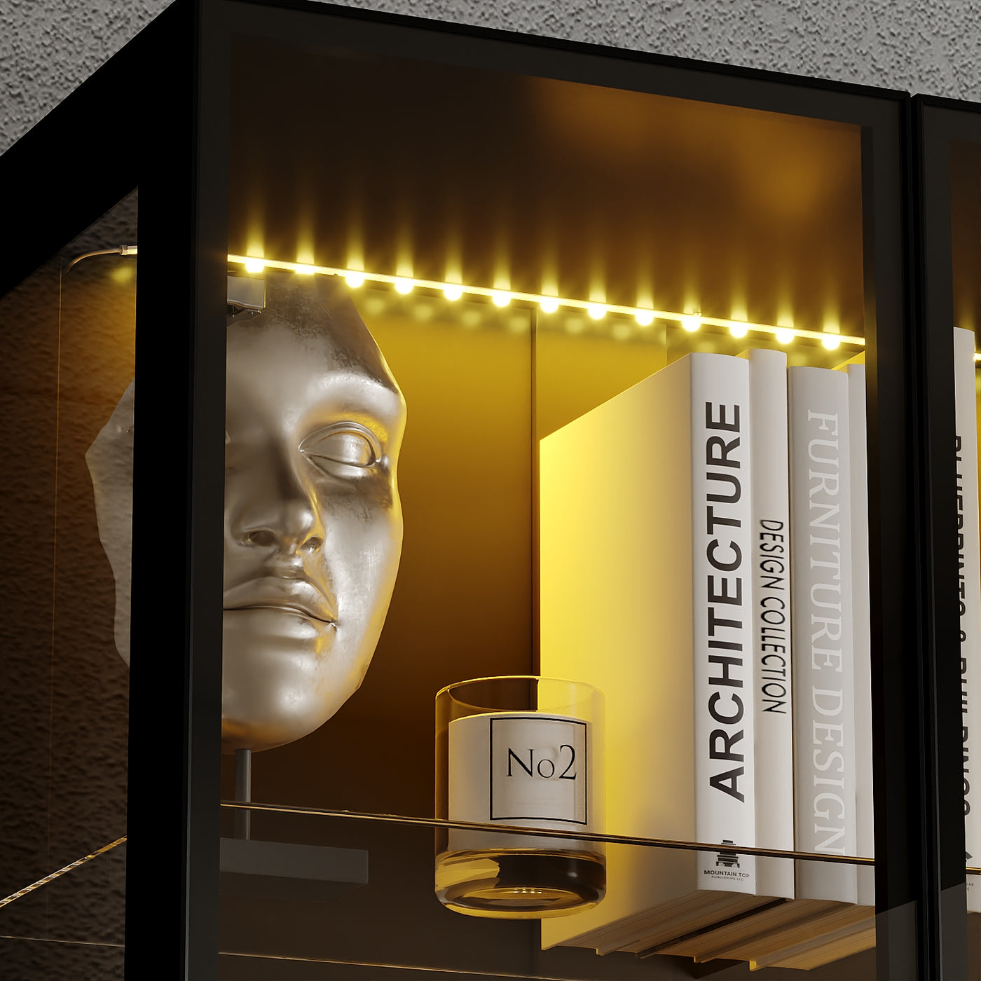 63" Modern Black Display Bookcase with LED Light and Glass Doors