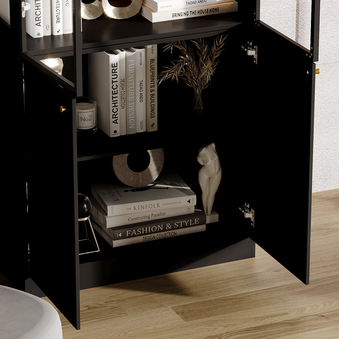 31.5" Modern Black Display Bookcase with LED Light and Glass Doors