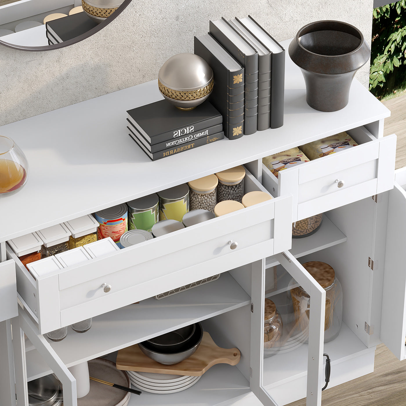 55" Modern White Sideboard Buffet Cabinet with 3 Drawers & LED Lights