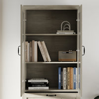 31.5" Farmhouse White Display Bookcase with Glass Doors & 2 Drawers
