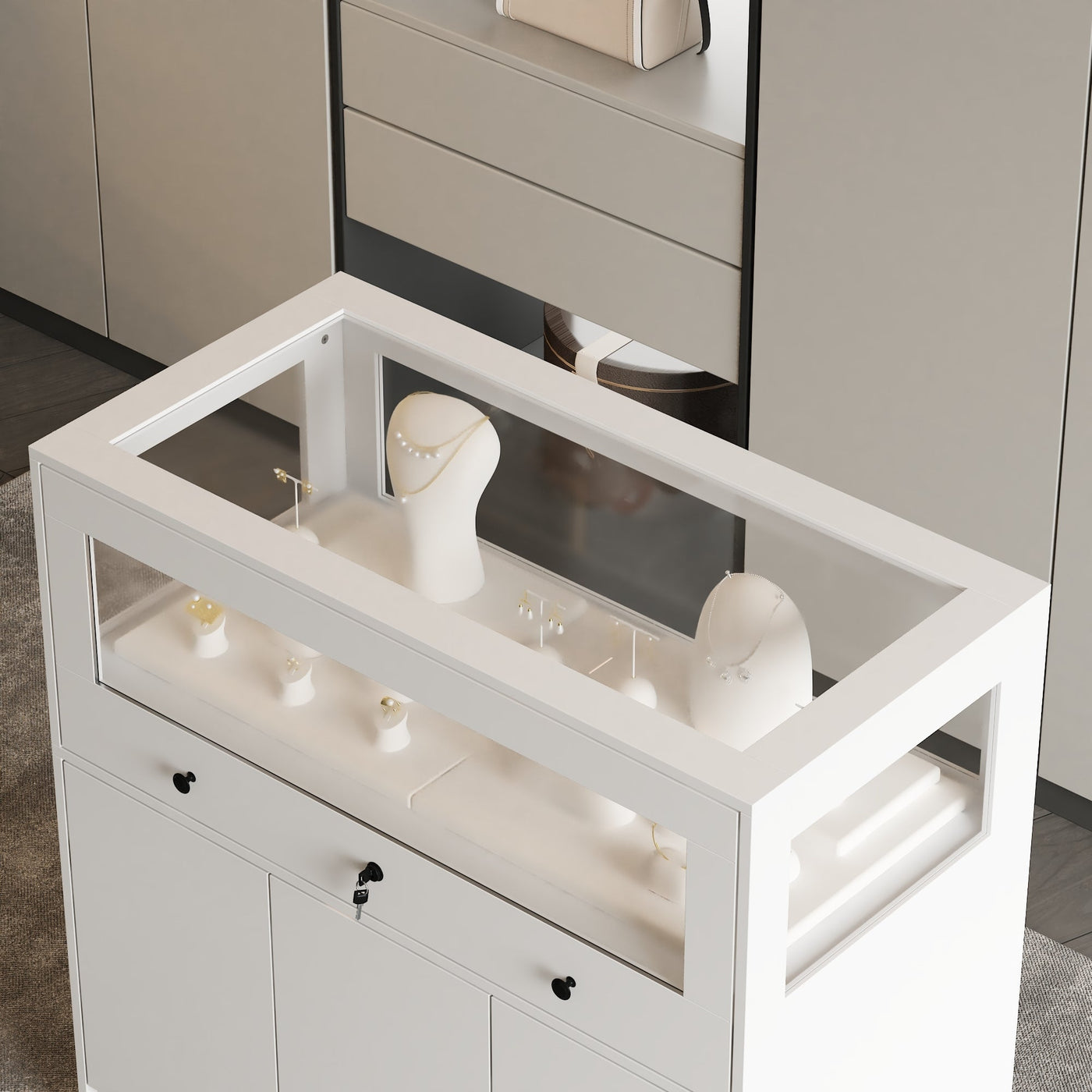 39.4" Modern Minimalist White Jewelry Display Cabinet With Lock And Tempered Glass