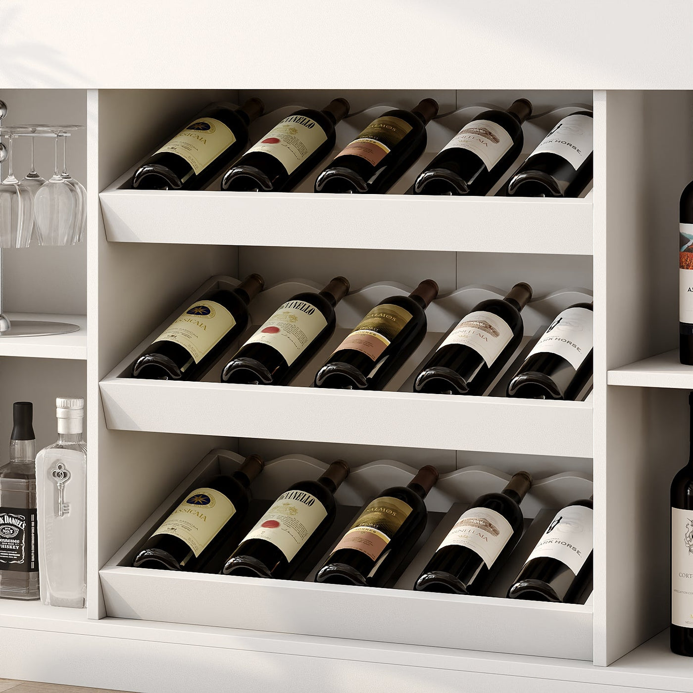 56.3" Modern White Wine Bar Cabinet With Light, Home Coffee Cabinet With Wine Shelf And Glass Top