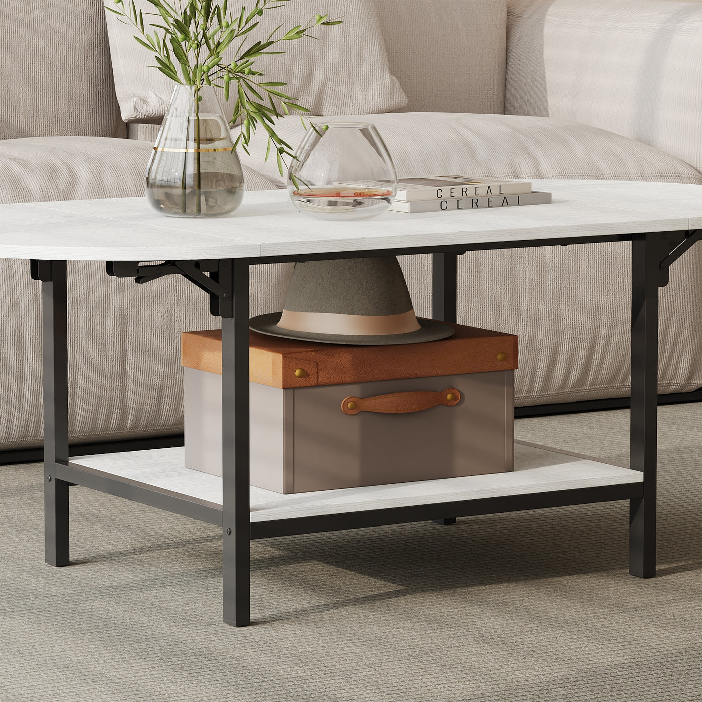 47.2" Modern White Coffee Table with Folding Design