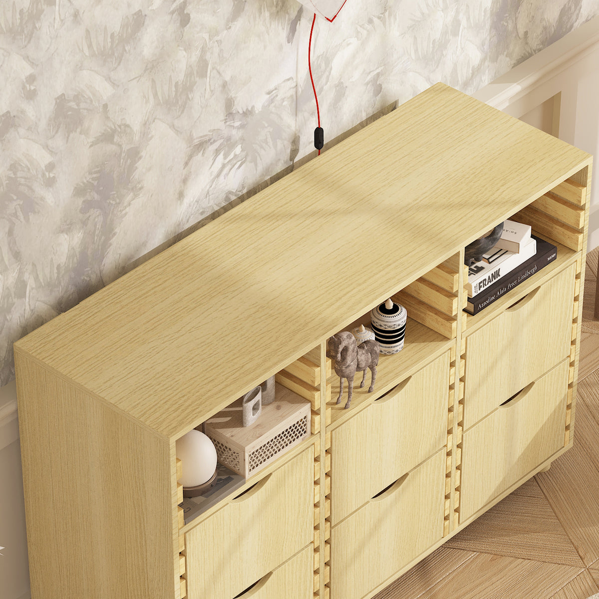 47.2" Rustic Natural Wood Sideboard with 6 Drawers & 3 Shelves
