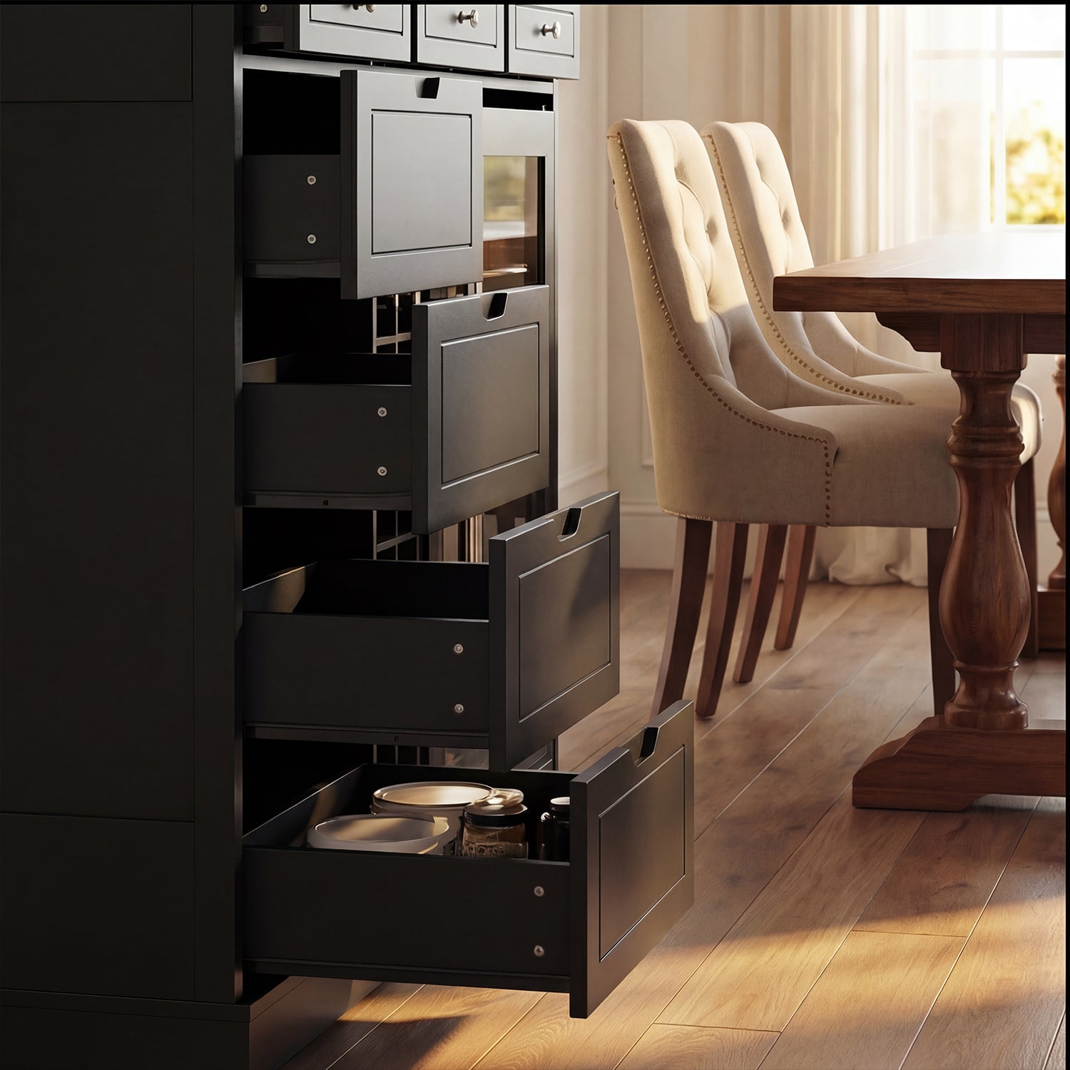 Black kitchen cabinet with open drawers in a well-lit room with chairs and a table.