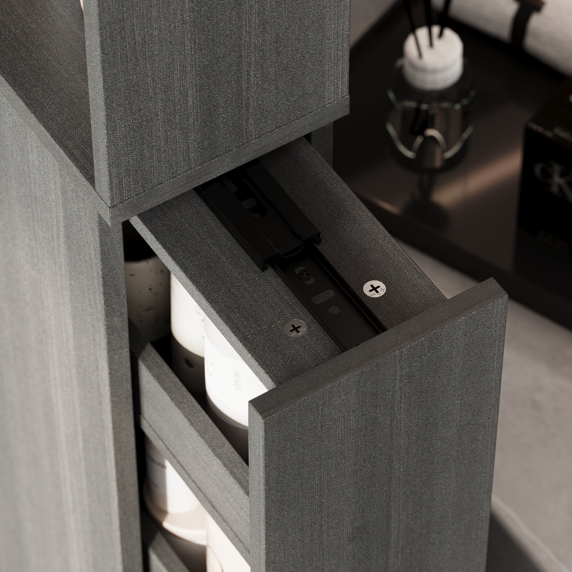 Narrow Bathroom Storage With Shelves And Drawers