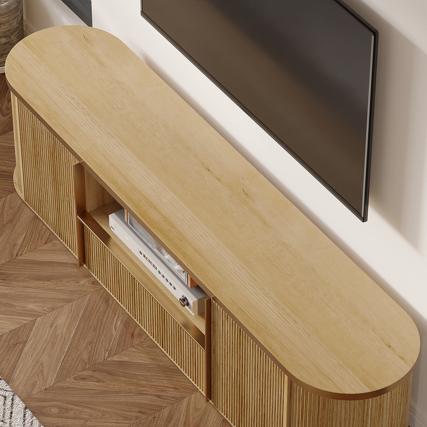 70" Symmetric Natural Wood L-Shaped TV Stand Media Console with Gold Trim